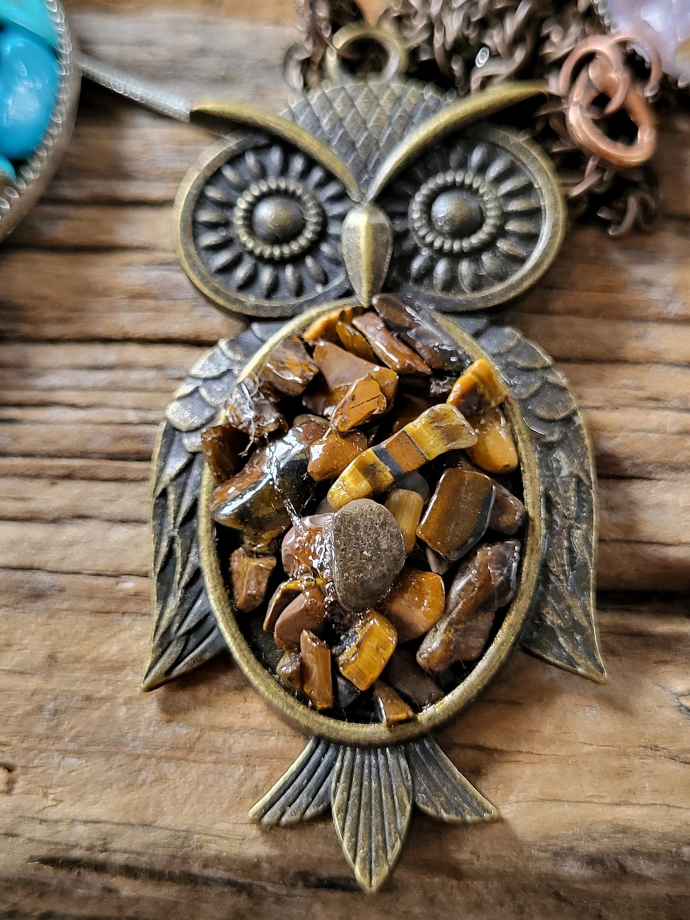 Owl  Necklace with Tiger Eye Chips
